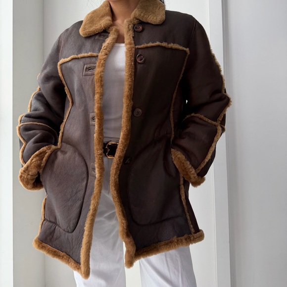 Early 2000s Utex Genuine Leather &amp; Shearling Aviator Coat - Medium - Picture 4 of 7